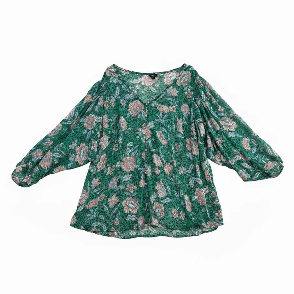 Torrid Green Floral Chiffon Lurex Button-Up V-Neck Blouse with Bishop Sleeves